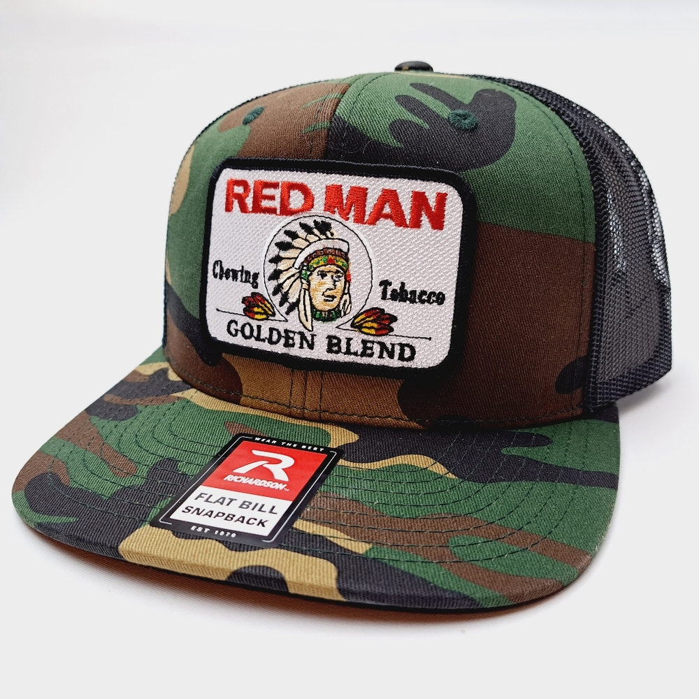 Red Man Tobacco Patch Richardson Flat Bill Mesh Trucker Snapback Hat Cap